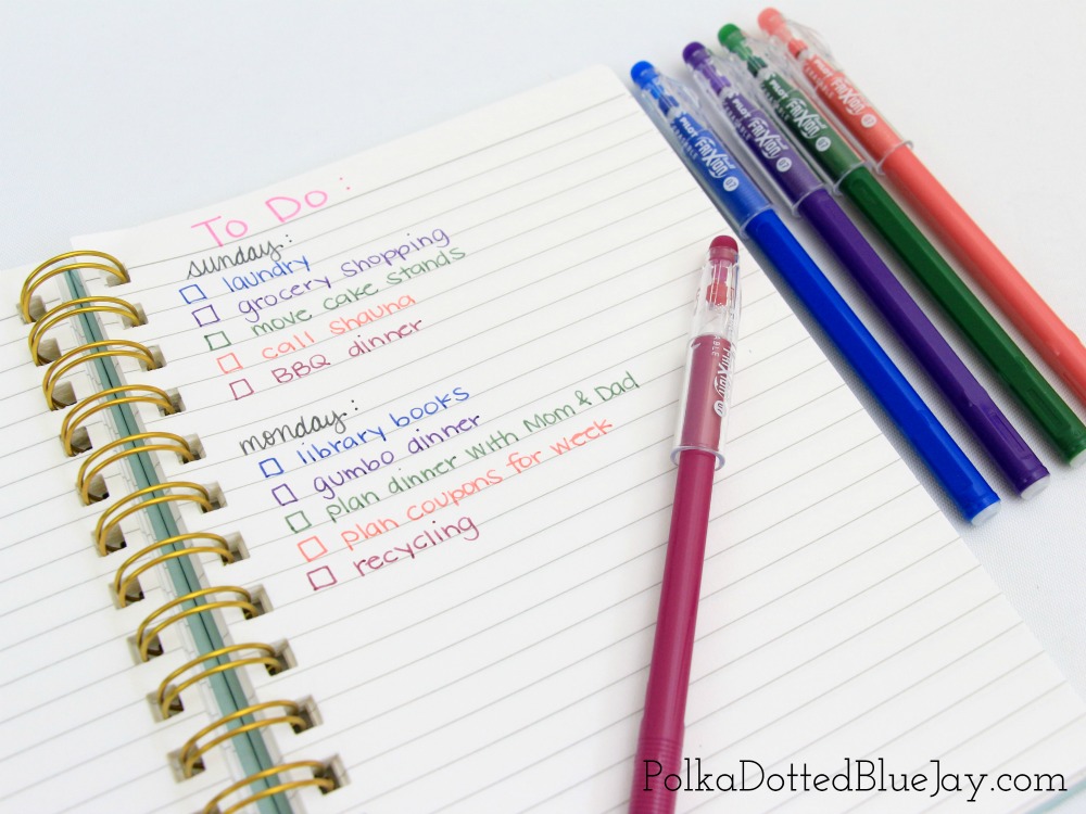 I love using FriXion erasable pens and markers to add some color to my to-do lists without having to worry about making a mistake. They erase and don't mess up my to-do list. #ad #PilotYourLife