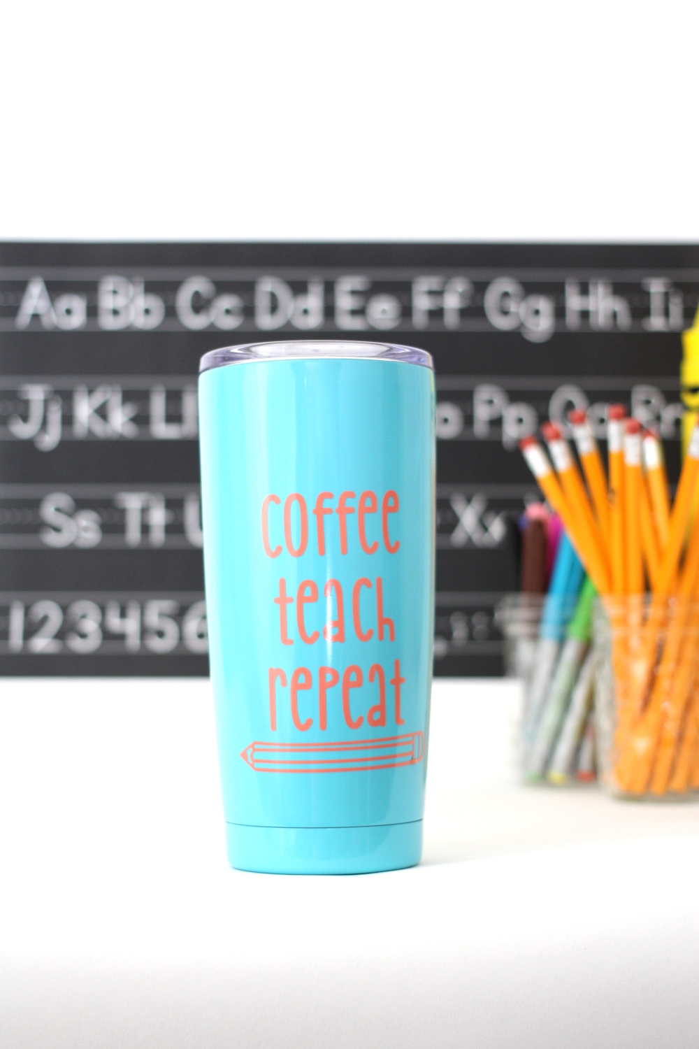 Check out this teacher tumbler that would be perfect for a back to school gift for your child's teacher, or something you can make for yourself if you’re an educator. Coffee, teach, repeat from Polka Dotted Blue Jay with Craftables.