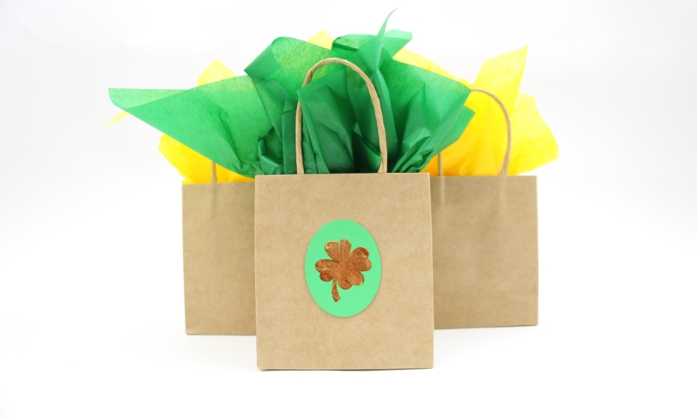 I love making custom gift wrap with a little extra shimmer and these Gold Foil Shamrock Gift Bags are perfect for St. Patrick’s Day.