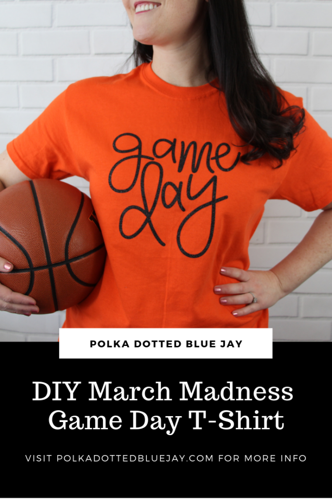 Click here to see this step-by-step tutorial to how to make this Glitter Heat Transfer Vinyl March Madness Adult T-shirt