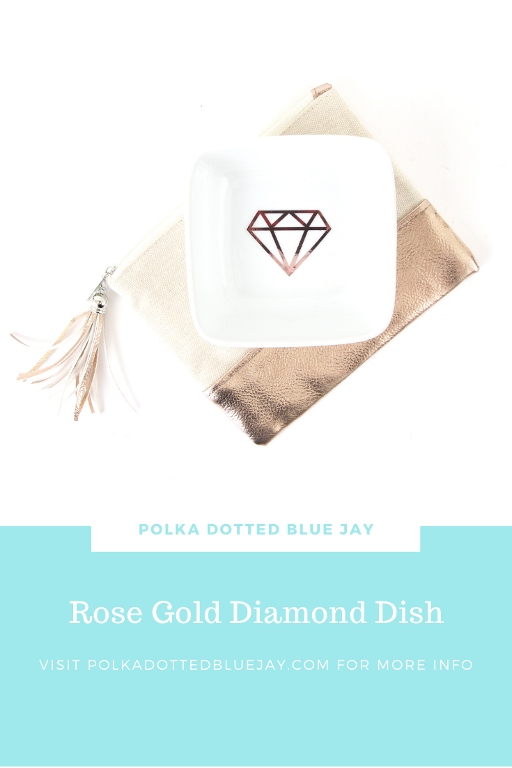 Make a rose gold diamond dish with adhesive vinyl. The perfect bridal shower gift. Click here to see the tutorial from Polka Dotted Blue Jay.