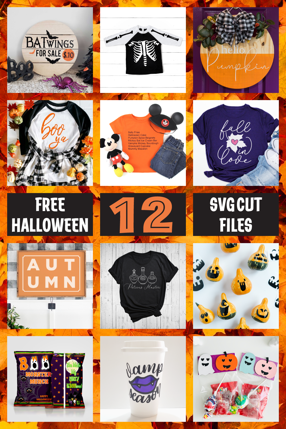 12 free Halloween SVG cut files for fall crafting. Click this link for links to all the tutorials and the free cut files.