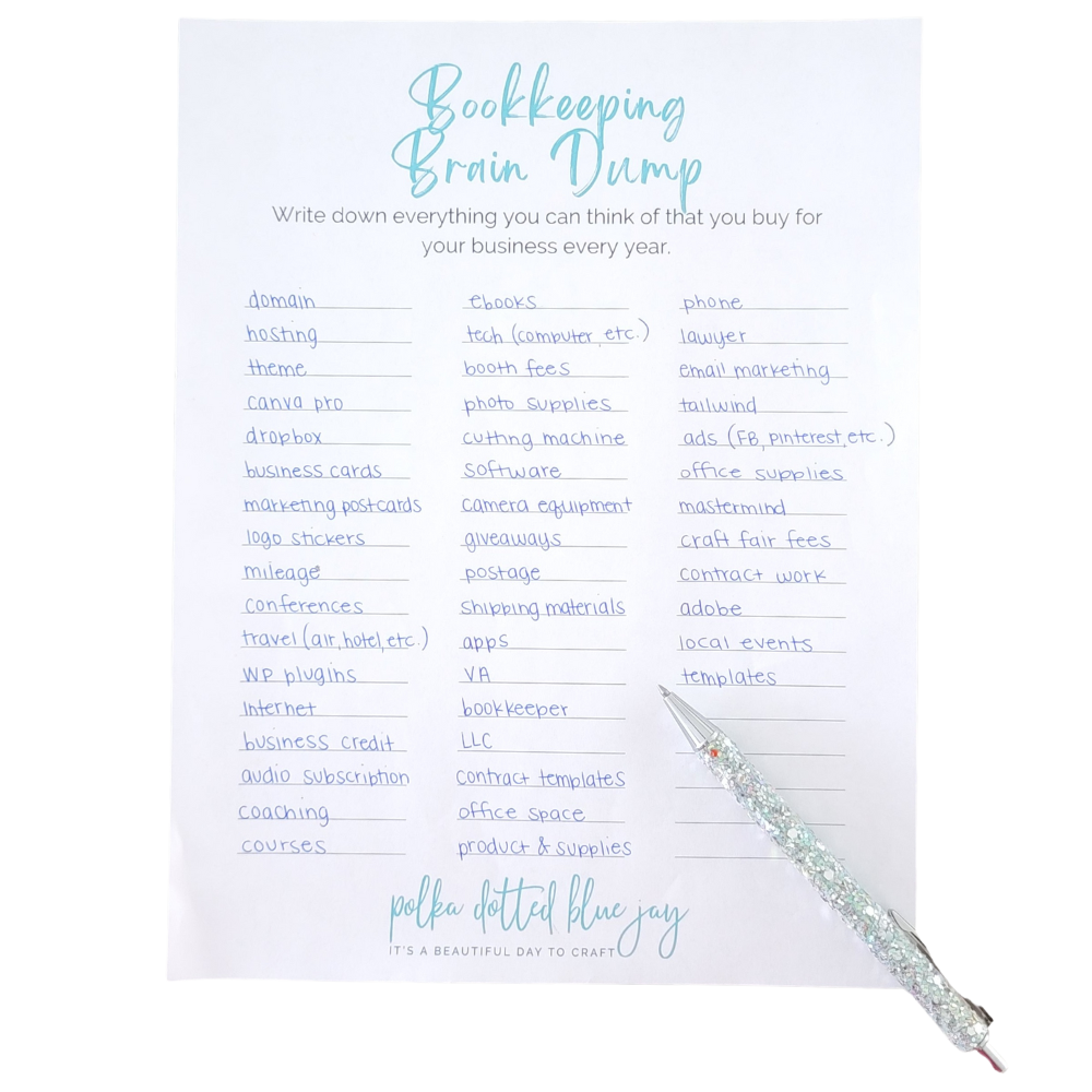 Sample Hand Written Bookkeeping Brain Dump Printable for Small Business Bookkeeping